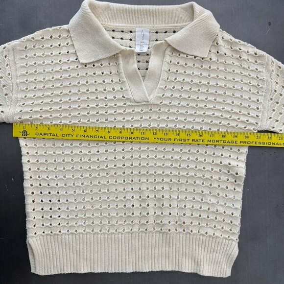 Joie Ivory Perforated Pointelle- Knit Top Eyelet Collared V-Neck Casual Sweater - Picture 5 of 6